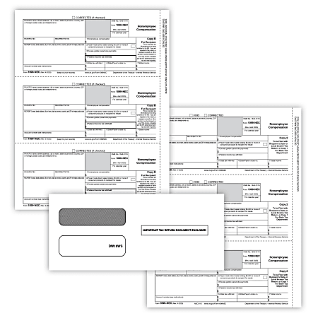 ComplyRight® 1099-NEC Tax Forms Set, 3-Part, 3-Up, Copies B/C/2 (Recipient Copy Only), with Envelopes, 8-1/2" x 11", Pack Of 25