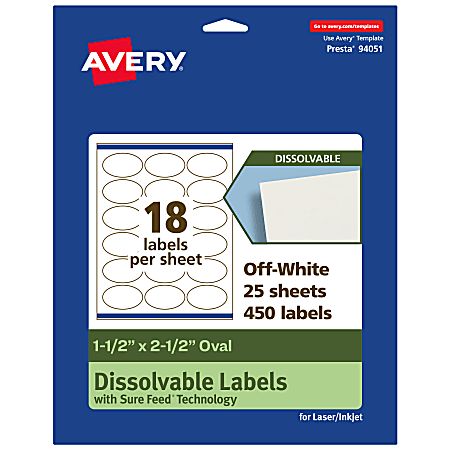 Avery® Dissolvable Labels With Sure Feed® Technology, 94051-DWMP25, Oval, 1-1/2"x2-1/2", Matte Off-White, Pack Of 450