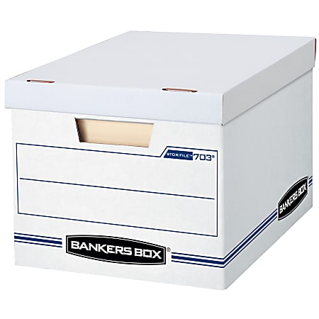 Bankers Box® Stor/File™ Standard-Duty Storage Boxes With Lift-Off Lids And Built-In Handles, Letter/Legal Size, 15" x 12" x 10", 60% Recycled, White/Blue, Case Of 12