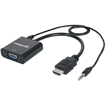Manhattan HDMI Male to VGA Female Converter with Audio and Optional USB Micro-B Power Port - 1.64 ft - 1 x HDMI Male Digital Audio/Video - 1 x HD-15 Female VGA, 1 x Mini-phone Male Audio - Black