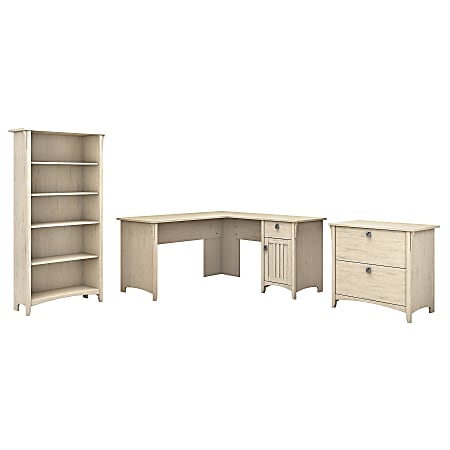 Bush Business Furniture Salinas 60"W L-Shaped Corner Desk With Lateral File Cabinet And 5 Shelf Bookcase, Antique White, Standard Delivery