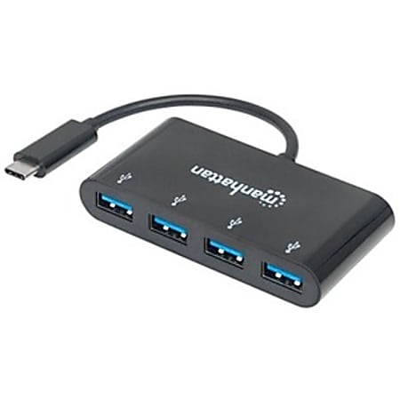 Manhattan USB-C Dock/Hub, Ports (x4): USB-A (x4), 5 Gbps (USB 3.2 Gen1 aka USB 3.0), External Power Supply Not Needed, Cable 20cm