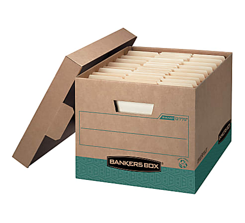 Bankers Box® R Kive® FastFold® BAA Compliant Heavy-Duty Storage Boxes With Locking Lift-Off Lids And Built-In Handles, Letter/Legal Size, 15“D x 12" x 10", 100% Recycled, Kraft/Green, Case Of 12