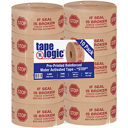 Tape Logic® Preprinted Reinforced Water-Activated Tape, Stop, 3" Core, 3" x 150 Yd., Kraft, Case Of 10