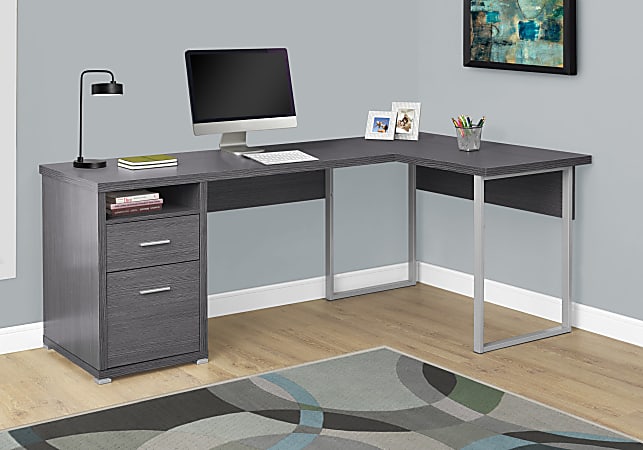 Monarch Specialties 79"W L-Shaped Corner Desk With 2 Drawers, Gray