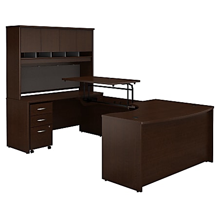Bush Business Furniture Components 60"W Left Hand 3 Position Sit to Stand U Shaped Desk with Hutch and Mobile File Cabinet, Mocha Cherry, Premium Installation