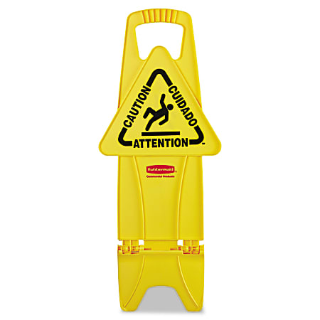 Rubbermaid® Commercial Stable Multilingual "Caution" Safety Sign, 26"H x 13"W x 13 1/4"D, Yellow