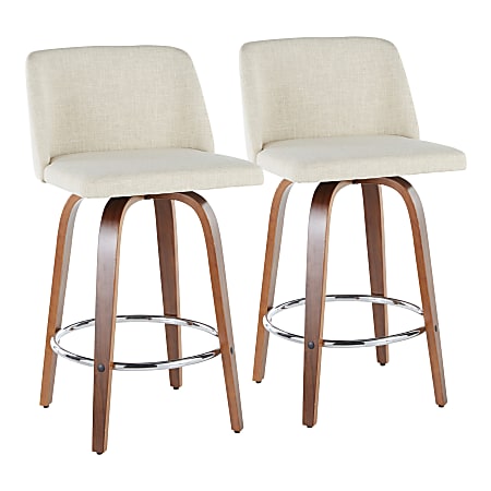 LumiSource Toriano Counter Stools, Walnut/Cream/Chrome, Set Of 2 Stools