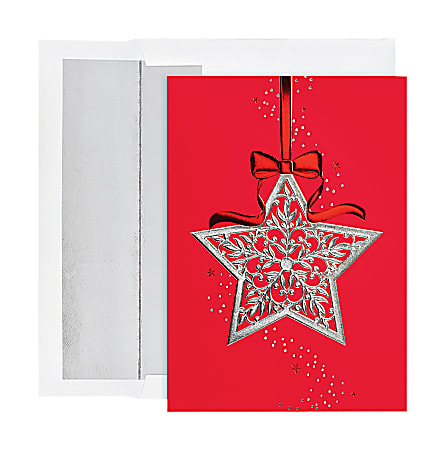 Holiday Collection Holiday Cards, 5 5/8" x 7 7/8", Star Ornament Design, Red/Silver, Pack Of 16