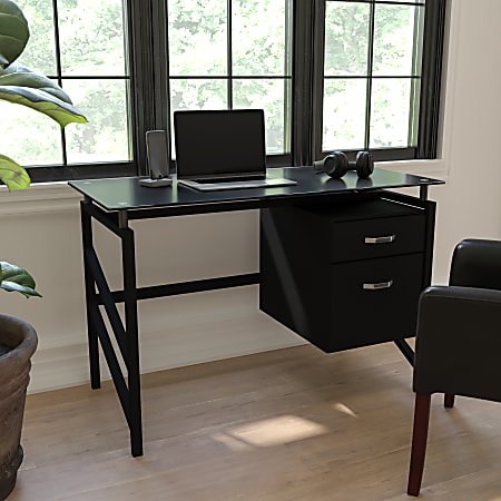 Flash Furniture 46"W Glass Computer Desk With 2- Drawer Pedestal, Black/Clear