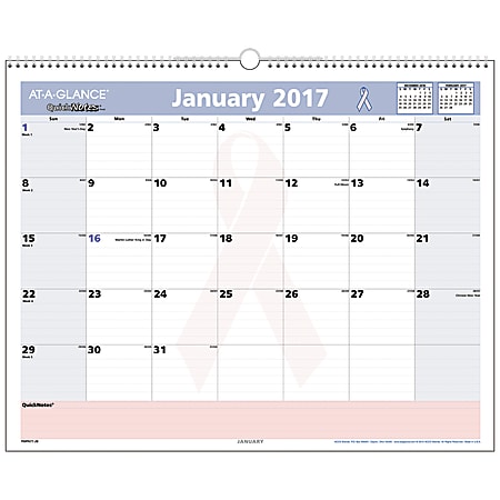 AT-A-GLANCE QuickNotes 30% Recycled Special Edition Breast Cancer Awareness Desk/Wall Calendar, 15" x 12", January-December 2017