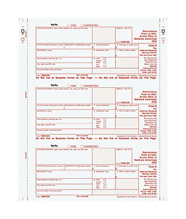 1099SA Continuous Tax Forms 102 FORMS/PK, 9903862, Distribution From an HSA, Archer MSA, or Medicare Advantage MSA 3 Part Carbonless Copies A, B, C