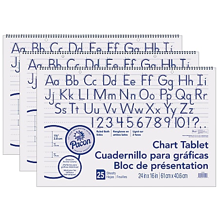 Pacon® Chart Tablets, Manuscript Cover, 24" x 16", 1-1/2" Ruled, White, 25 Sheets Per Tablet, Pack Of 3 Tablets