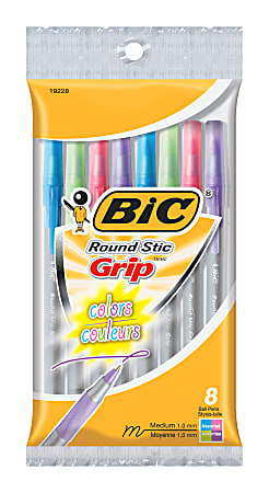 Bic Round Stic Grip Fashion Medium Point Ballpoint Pens, 8/PK