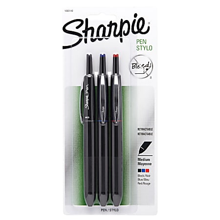 Sharpie® Retractable Pens, Medium Point, 1.0 mm, Black Barrel, Assorted Ink Colors, Pack Of 3