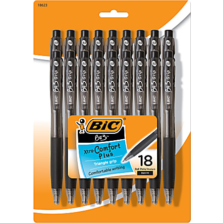 BIC BU3 Grip Retractable Ballpoint Pens, Medium Point, 1.0 mm, Clear Barrel, Black Ink, Pack Of 18 Pens