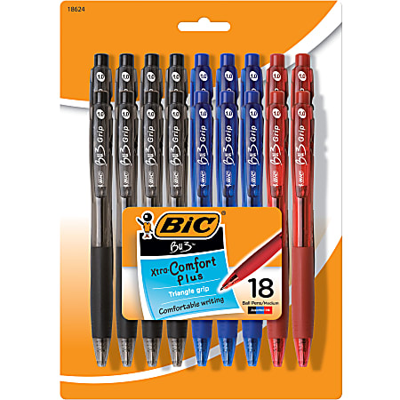 BIC BU3 Grip Retractable Ball Pens, Medium Point, 1.0 mm, Clear Barrel, Assorted Ink Colors, Pack Of 18 Pens