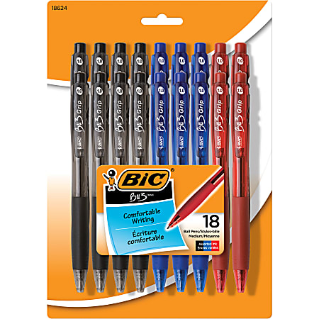 BIC BU3 Grip Retractable Ball Pens, Medium Point, 1.0 mm, Clear Barrel, Assorted Ink Colors, Pack Of 18 Pens