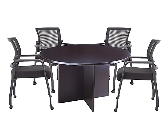 Boss Office Products 42" Round Table And Mesh Guest Chairs With Casters Set, Mocha/Black