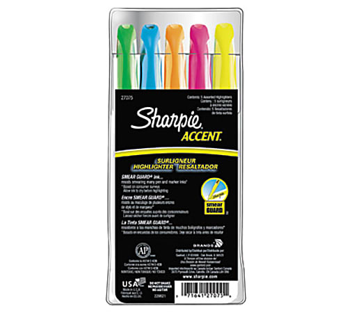 Fluorescent Asst. Color Highlighter Pocket Clip Pen Style (5/Pack)