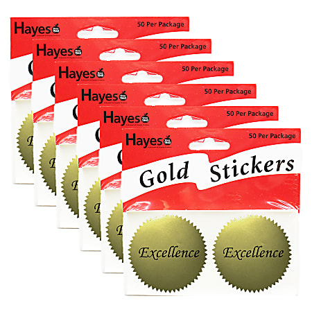 Hayes Publishing Gold Certificate Seals, 2", Excellence, 50 Seals Per Pack, Set Of 6 Packs