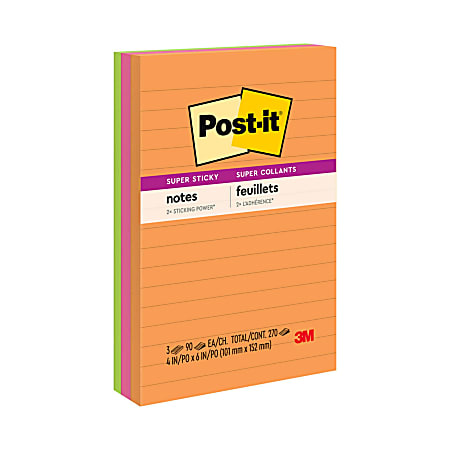 Post-it Super Sticky Notes, 4 in x 6 in, 3 Pads, 90 Sheets/Pad, 2x the Sticking Power, Energy Boost Collection, Lined