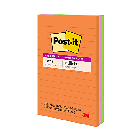 Post it Super Sticky Notes 4 in x 6 in 3 Pads 90 SheetsPad 2x the