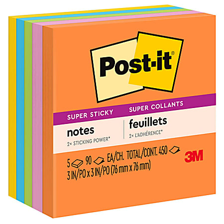 Post-it® Super Sticky Notes, 3" x 3", Energy Boost Collection, Pack Of 5 Pads