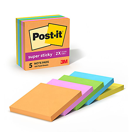 Post it Super Sticky Notes 3 in x 3 in 5 Pads 90 SheetsPad 2x the