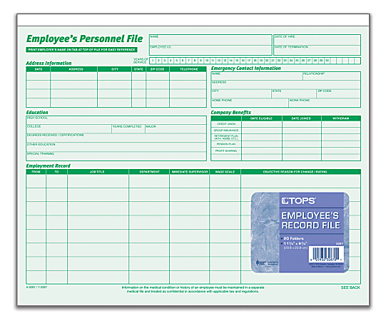 TOPS® Employee Record File Folders, 11 3/4" x 9 1/2", Green, Pack Of 20