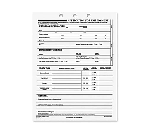 Rediform Applications for Employment - 50 Sheet(s) - Stapled - 1 Part - 8 1/2" x 11" Sheet Size - 3 x Holes - White Sheet(s) - Recycled - 50 / Pad