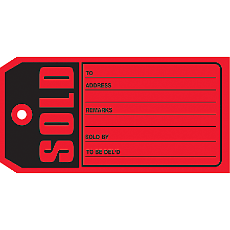 Partners Brand "Sold" Tags, #5, 4 3/4" x 2 3/8", Red, Box Of 500