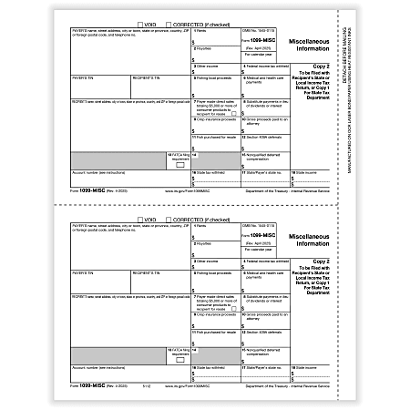 ComplyRight® 1099-MISC Tax Forms, State and/or File Copy, 2-Up, 8-1/2" x 11", Pack Of 100 Forms
