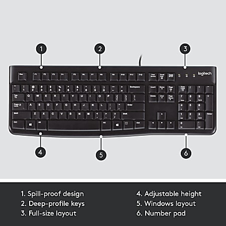 Ovenstående Sprede udelukkende Logitech K120 Wired Keyboard for Windows USB Plug and Play Full Size Spill  Resistant Curved Space Bar Compatible with PC Laptop Black - Office Depot