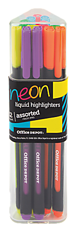 Office Depot® Brand Liquid Triangle Highlighters, Chisel Point, Assorted Neon Colors, Pack Of 12