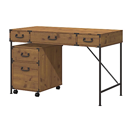 kathy ireland® Home by Bush Furniture Ironworks Writing Desk And 2 Drawer Mobile Pedestal, 48"W, Vintage Golden Pine, Standard Delivery