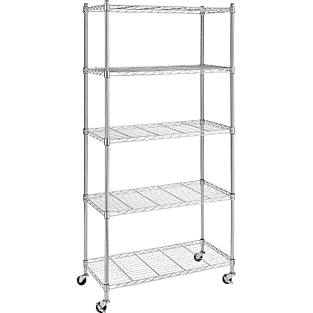 Whitmor Storage Rack, 5 Tier(s), 60.4"H x 30.1"W x 14.3"D, Floor, Built-in Wheels, Adjustable Shelf, Durable, Chrome Steel