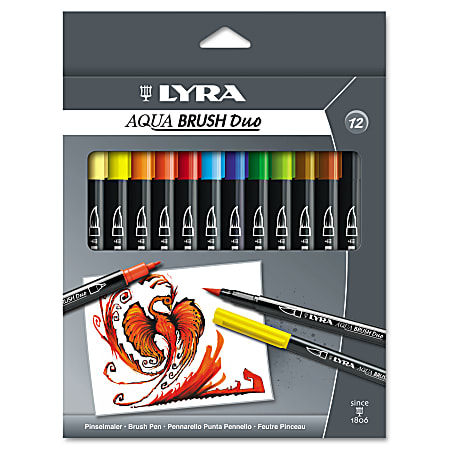 Dixon® LYRA Aquabrush Duo Markers, Broad/Fine Point, Assorted Colors, Pack Of 12