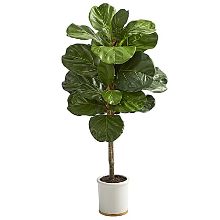 Nearly Natural Fiddle Leaf 42”H Artificial Tree With Ceramic Planter, 42”H x 14”W x 14”D, Green/White