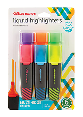Office Depot® Brand Liquid Highlighters, Chisel Point, Black/Translucent Barrel, Assorted Ink Colors, Pack Of 6