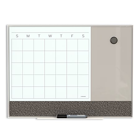 U Brands 3N1 Framed Monthly Calendar White Magnetic Glass Calendar Board with Splits Gray Glass Board and Felt Strip, 23" X 17", White/Gray Board, White Aluminum Frame