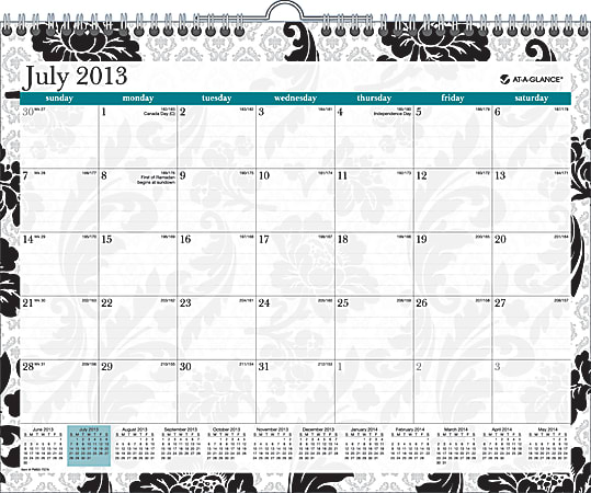 AT-A-GLANCE® Academic Monthly Wall Calendar, 15" x 12", Black/White, July-June 2013-2014