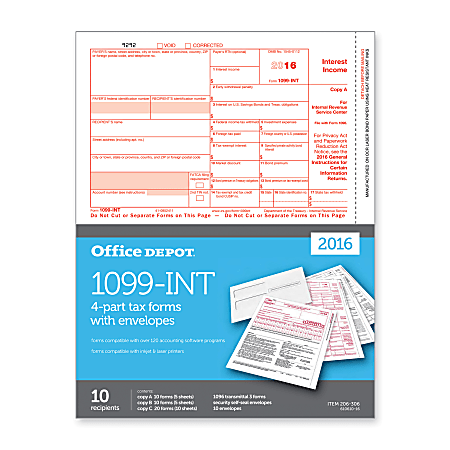 Office Depot® 1099-INT Inkjet/Laser Tax Forms And Envelopes, For 2016 Tax Year, 2-Up, 4-Part, 8 1/2" x 11", Pack Of 10