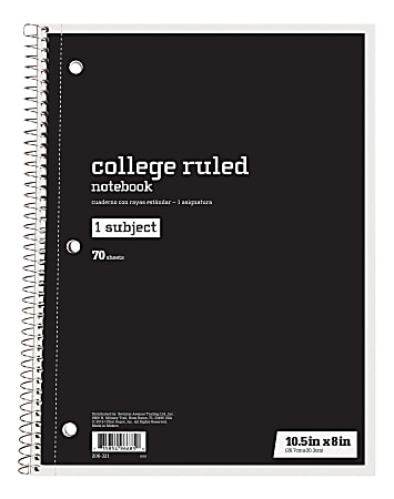 Just Basics® Spiral Notebook, 8" x 10-1/2", College Ruled, 70 Sheets, Black