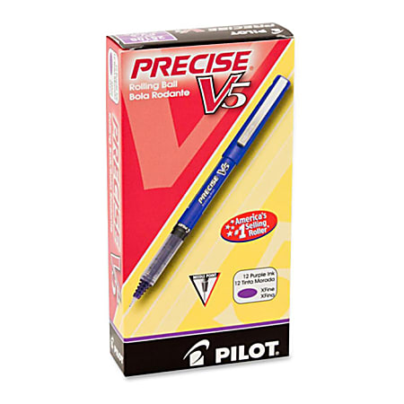 Pilot® Precise V5 Premium Capped Rolling Ball Pens, Fine Point, 0.5 mm, Purple Barrel, Purple Ink, Pack Of 12 Pens