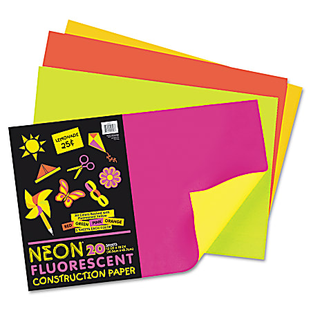 Pacon® Neon Construction Paper, 12" x 18", 76 Lb, Assorted Colors, Pack Of 20