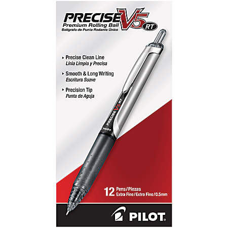 Pilot® Precise™ V5 Liquid Ink Retractable Rollerball Pens, Extra Fine Point, 0.5 mm, Black Barrels, Black Ink, Pack Of 12