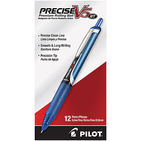 Pilot® Precise™ V5 Liquid Ink Retractable Rollerball Pens, Extra Fine Point, 0.5 mm, Blue Barrels, Blue Ink, Pack Of 12