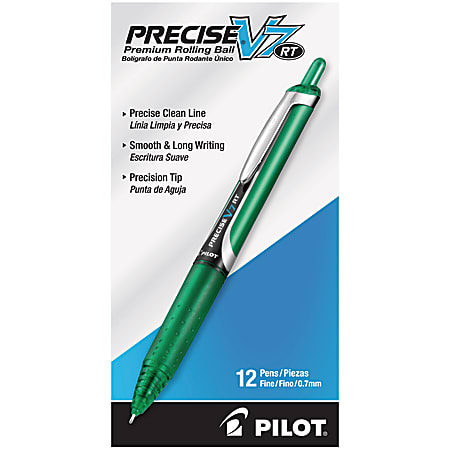 Pilot® Precise™ V7 Liquid Ink Retractable Rollerball Pens, Fine Point, 0.7 mm, Assorted Barrels, Green Ink, Pack Of 12