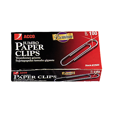 ACCO® Paper Clips, 1000 Total, Jumbo, Silver, 100 Per Box, Pack Of 10 Boxes